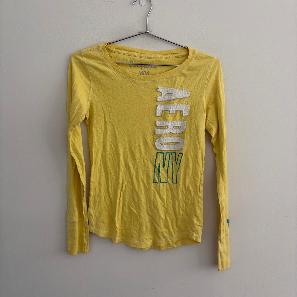 Aeropostale Womens Yellow Long Sleeve Aero NY Graphic T-Shirt Medium